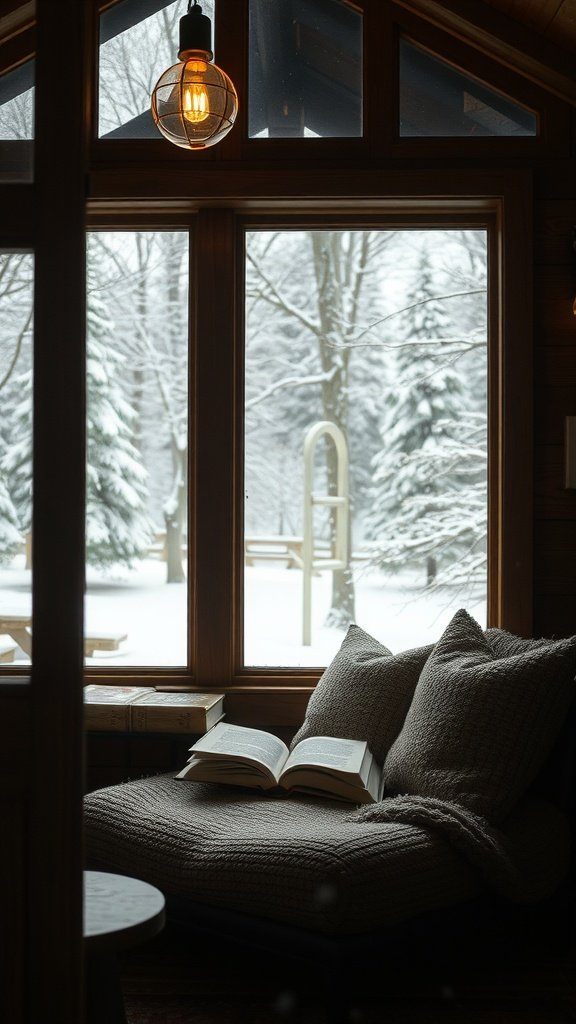 Cozy reading nook in a cabin with large windows showing snowy trees outside.