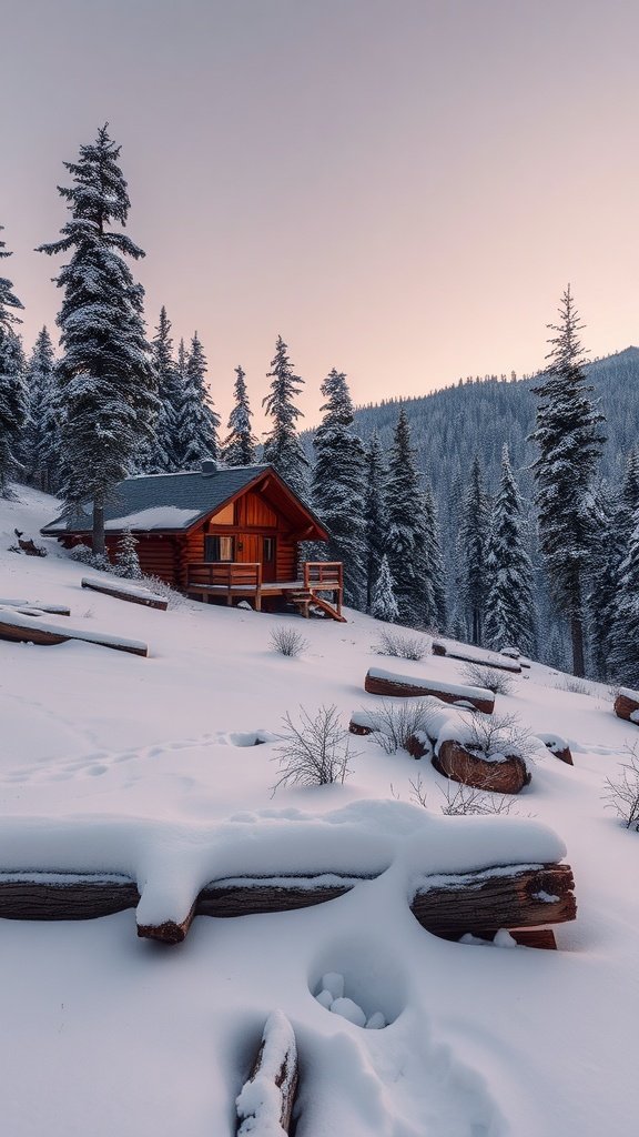 A cozy cabin surrounded by snow-covered trees and a scenic landscape.