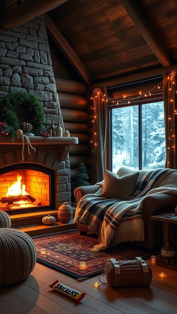 A cozy cabin interior featuring a stone fireplace, a plush armchair with a blanket, and festive decorations, set against a snowy landscape outside.