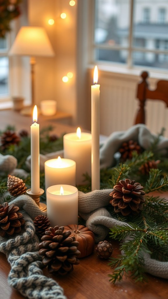 A cozy winter table setting with candles, pinecones, and a knitted throw.
