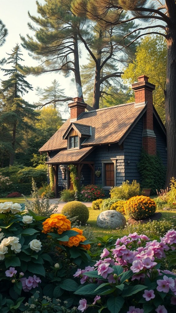A cozy charcoal cottage surrounded by a vibrant garden filled with flowers and tall trees.