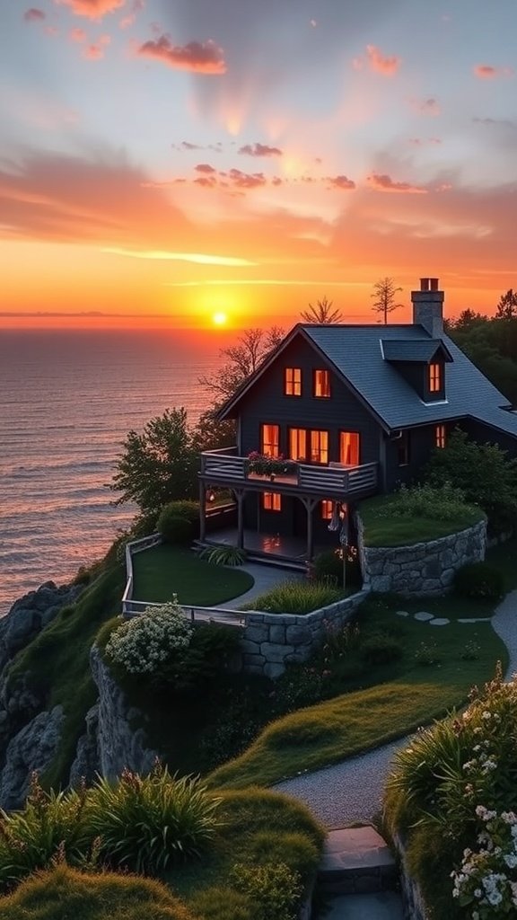 A cozy cliffside cottage with a sunset view over the ocean.