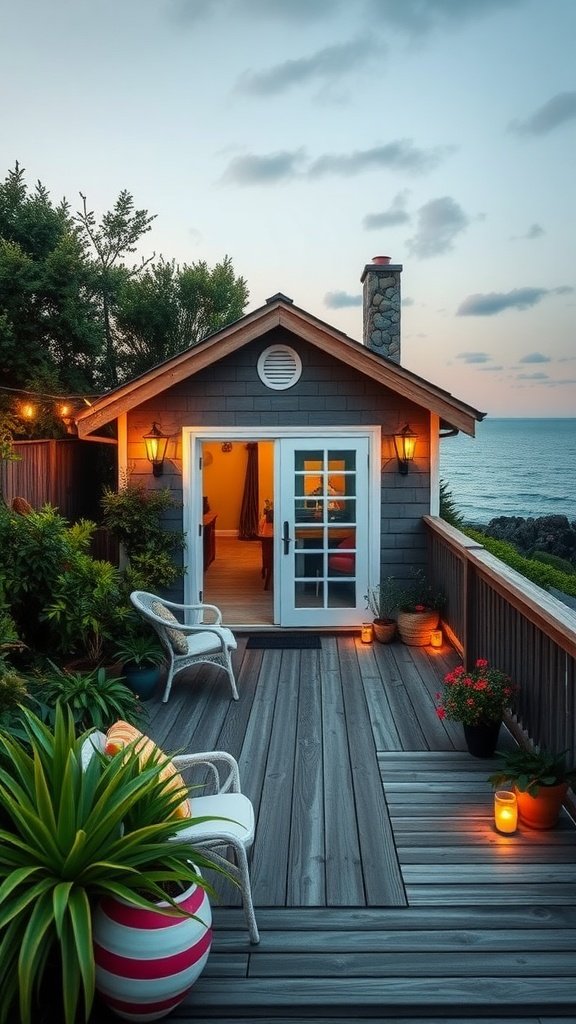 A cozy coastal house with a wooden deck, surrounded by plants and candles, overlooking the ocean.