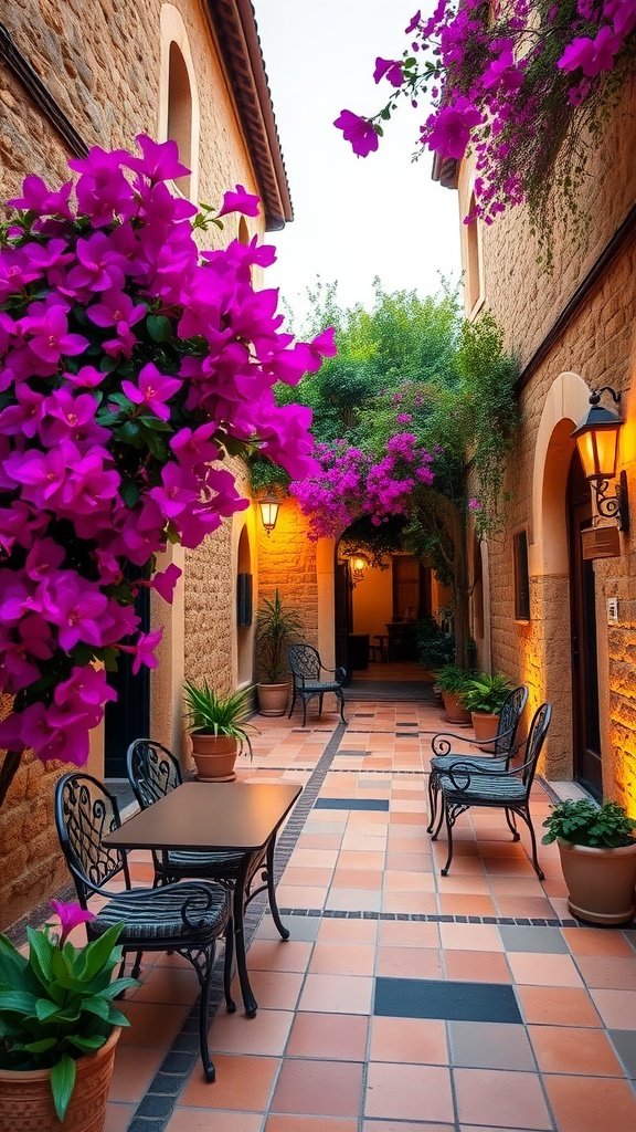 Cozy courtyard with vibrant flowers and seating in a Spanish Mediterranean home