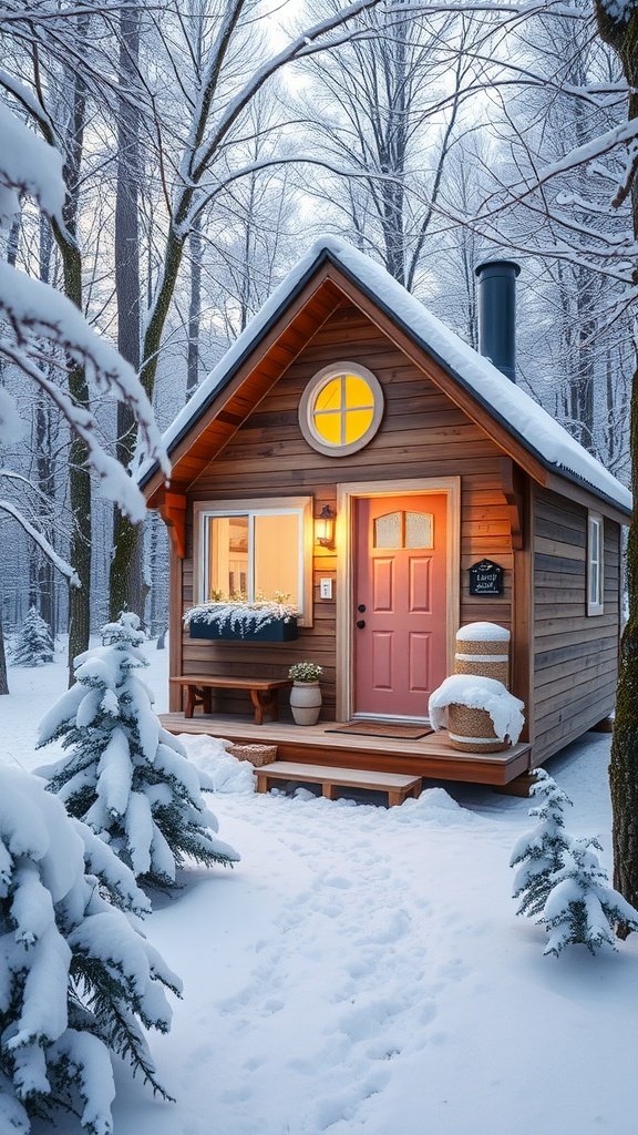 A small wooden house with a pink door surrounded by snow-covered trees in winter.