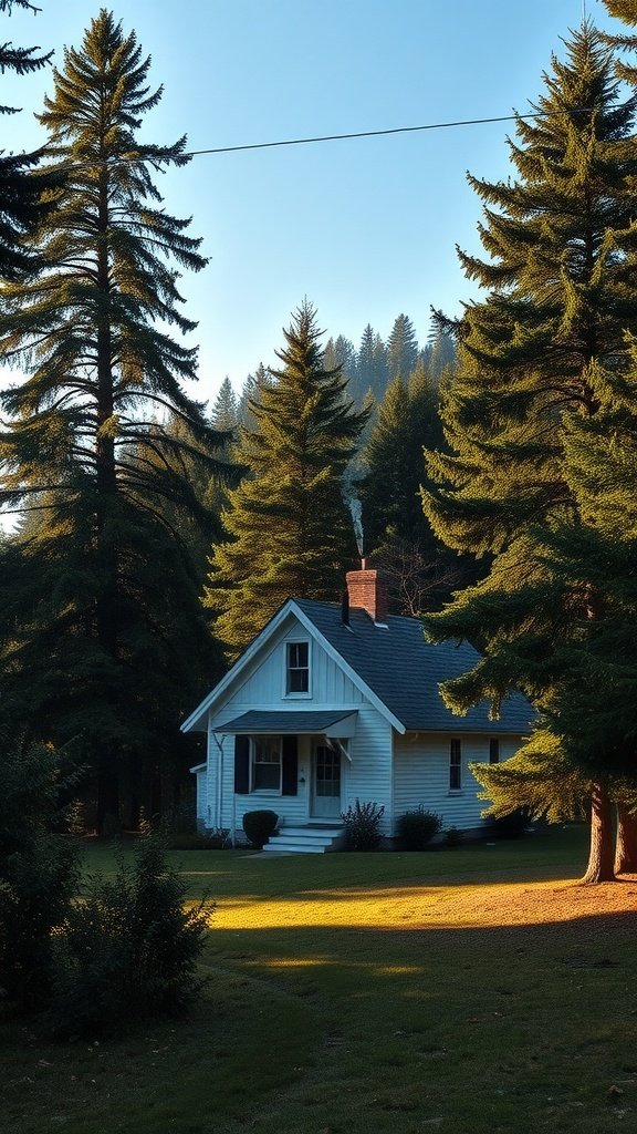 A cozy white farmhouse surrounded by tall green trees in a forest setting