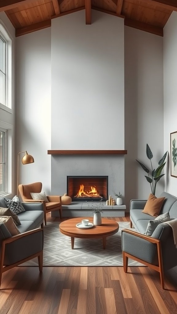 Cozy living room featuring a large fireplace, modern furniture, and natural light.