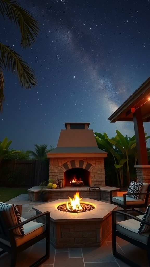 A cozy outdoor fireplace with seating, surrounded by tropical plants and a starry sky.