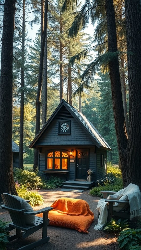 A cozy small house in a forest setting with stained glass accents, featuring a welcoming porch and an orange blanket.