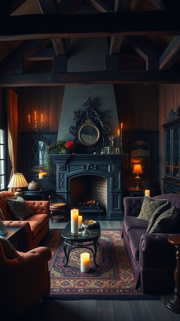 A cozy gothic cottage living room featuring plush sofas, a dark fireplace, and soft candlelight.