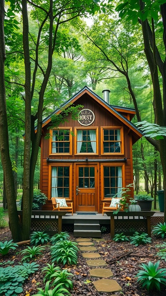 A charming tiny house nestled in a green forest, featuring a welcoming porch and large windows.