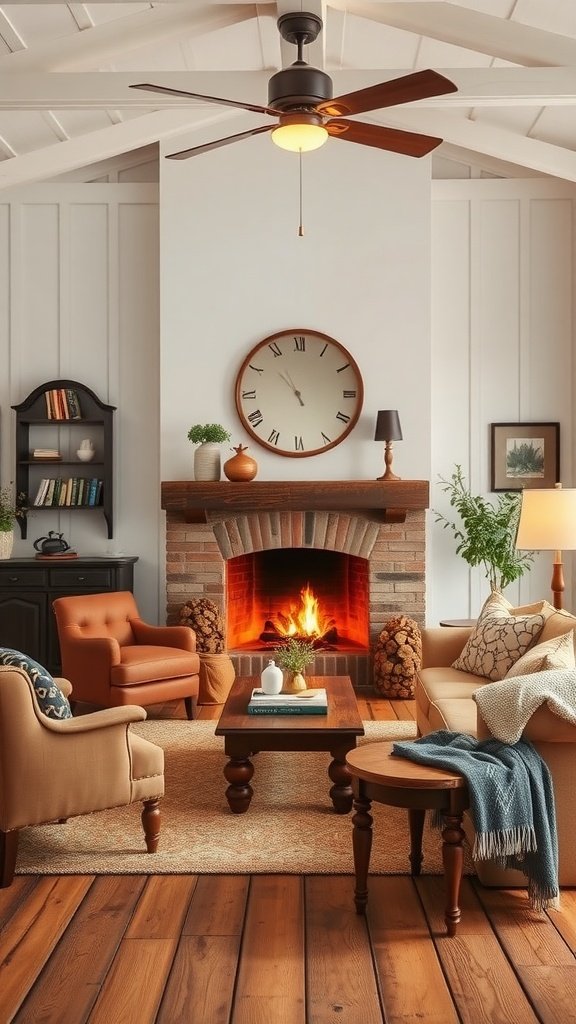 Cozy living room with brown furniture and a fireplace