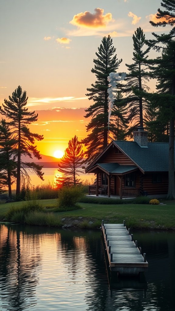 A cozy lakeside cabin with a sunset view, surrounded by trees and a small dock.