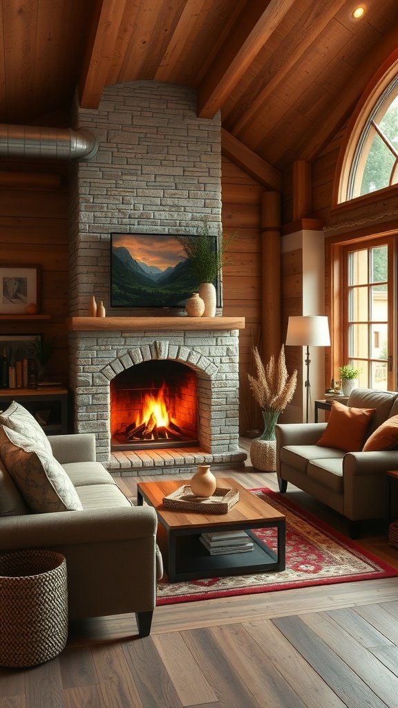 Cozy living room in a modern cottage with a stone fireplace, comfortable seating, and warm wooden accents.