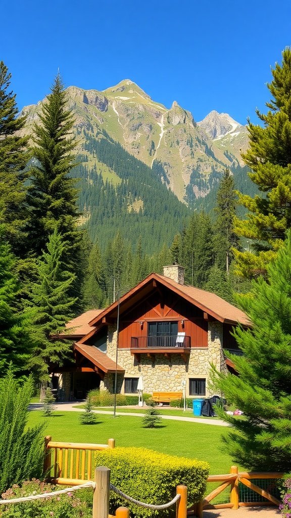A cozy mountain lodge surrounded by trees and mountains, with a clear blue sky.