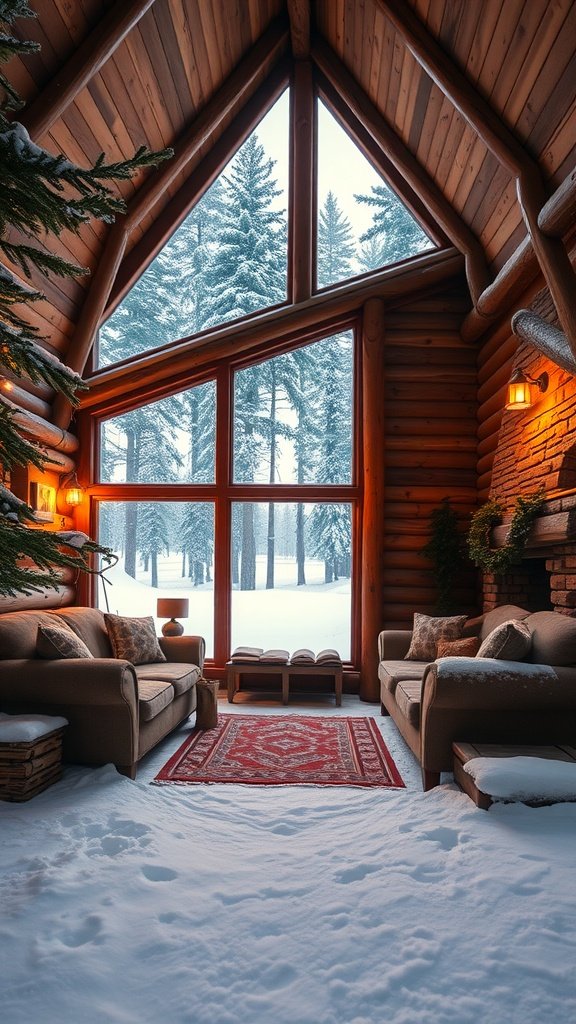 Interior of a cozy log cabin with large windows showcasing a snowy landscape.