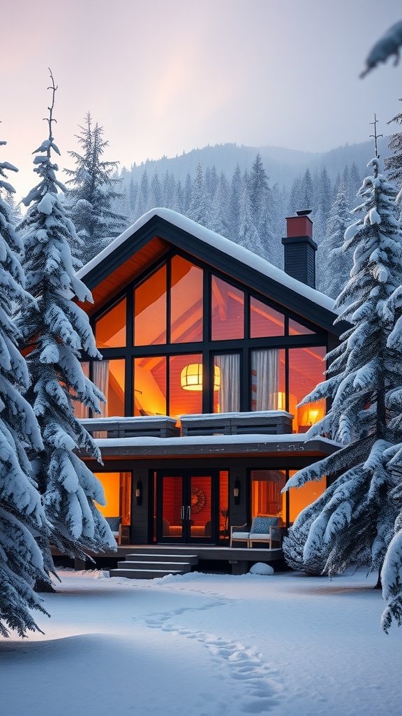 A cozy mountain cabin surrounded by snow-covered trees, featuring large windows that glow warmly from the interior.