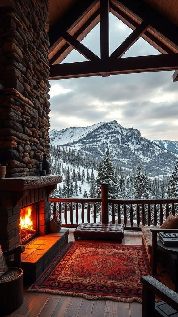 Cozy winter lodge with fireplace and mountain view