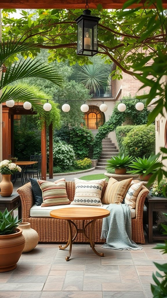 Cozy outdoor nook with wicker couch, colorful pillows, and lush greenery.