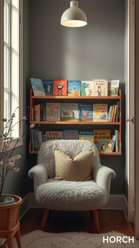 Cozy reading nook in a farmhouse nursery with a fluffy chair and colorful bookshelves