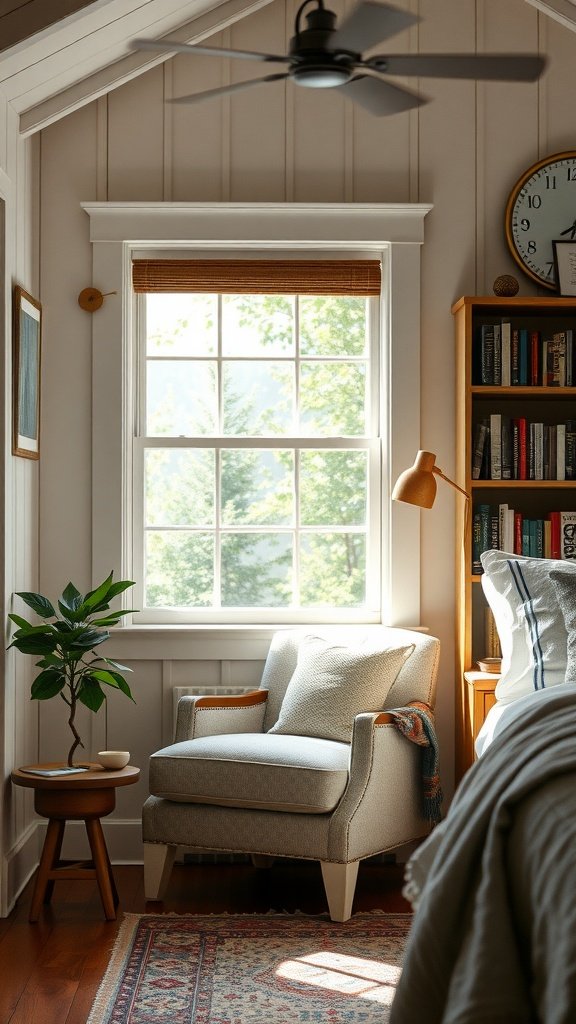 Cozy reading nook in a farmhouse guest bedroom with an armchair, side table, and bookshelf.