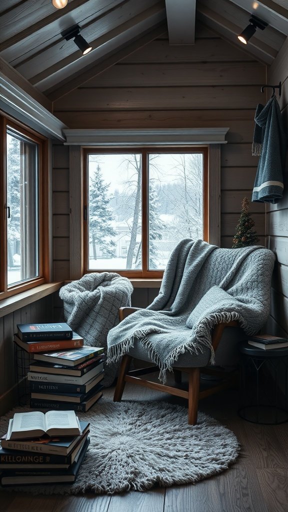 A cozy reading nook with a chair, blanket, and books, featuring large windows and a winter view.