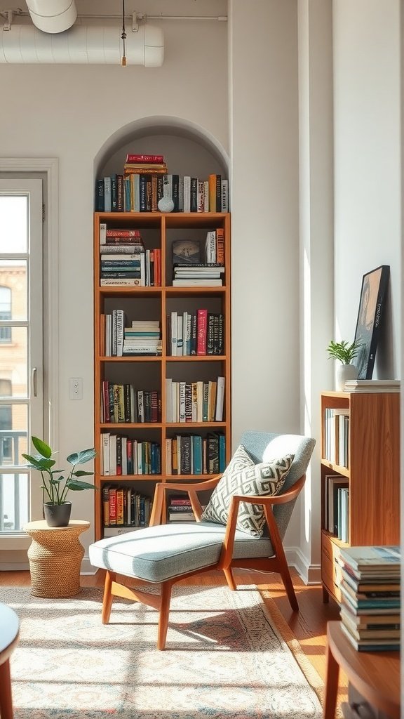 A cozy reading nook featuring a stylish armchair, a bookshelf filled with books, and a plant, all bathed in natural sunlight.