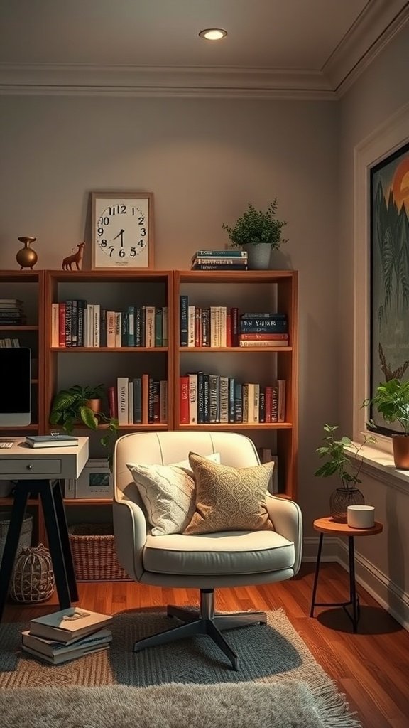 Cozy reading nook in a home office featuring a chair, bookshelves, and plants.
