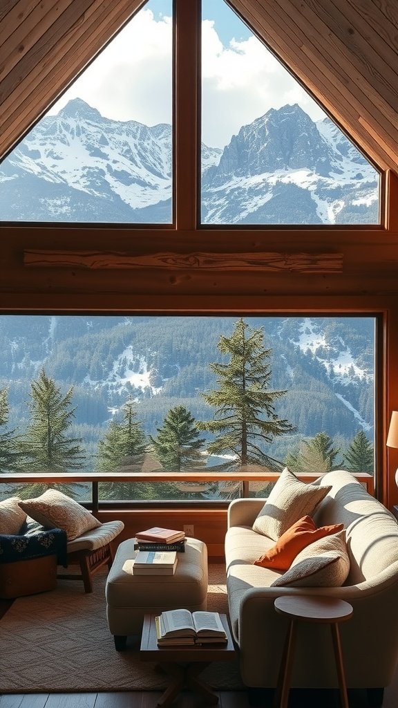 Cozy reading nook with mountain views, featuring a comfortable sofa and large windows showcasing snow-capped mountains.