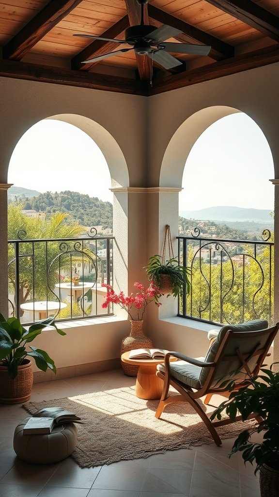 A cozy reading nook with a wooden ceiling, comfortable chair, and beautiful natural views through arched windows.