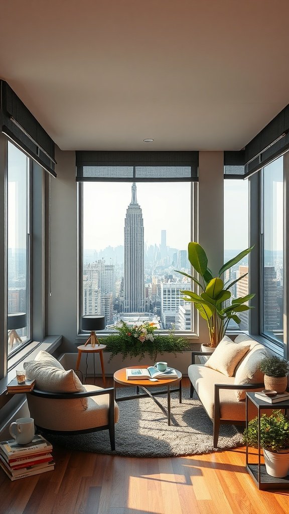 A cozy reading nook with large windows showcasing a city skyline view, featuring comfortable seating, a coffee table with books, and decorative plants.
