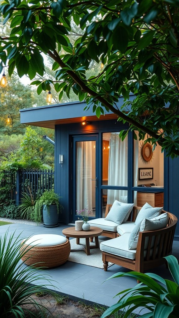A cozy modern house patio with seating and plants.