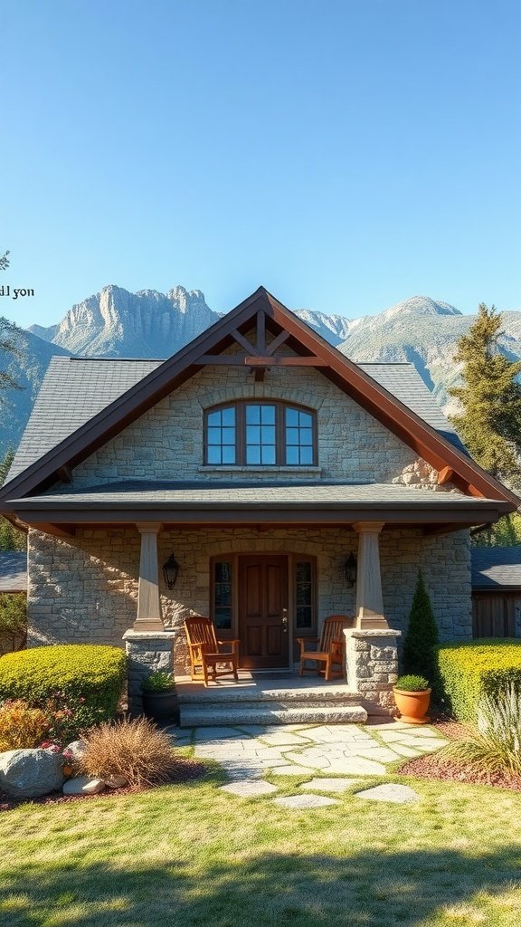 Cozy stone vacation home with a front porch and beautiful mountain backdrop