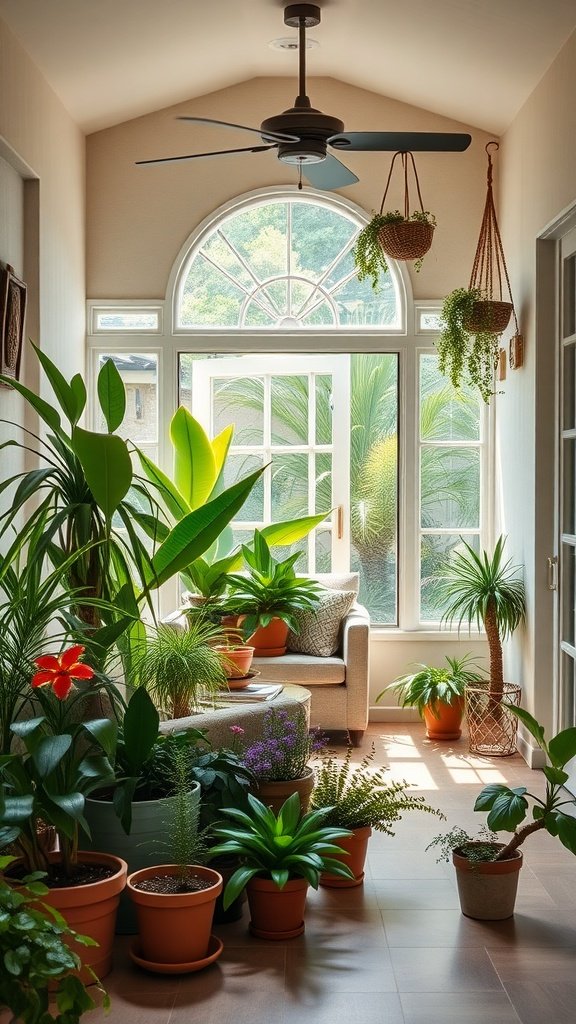 A cozy sunroom filled with various plants, featuring large windows, natural light, and comfortable seating.
