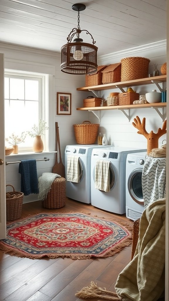 A cozy laundry room featuring a colorful area rug, woven baskets, and soft textiles.