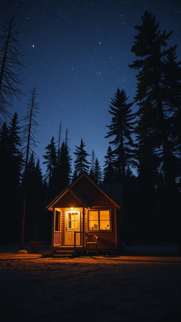 A small, warmly lit house surrounded by trees at twilight