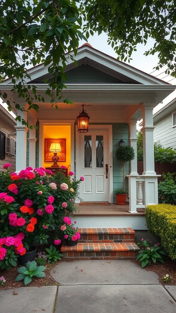 A cozy urban bungalow with vibrant flowers and a warm lantern light