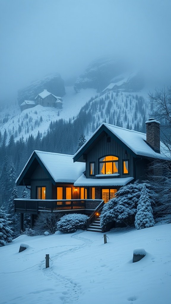 A cozy hillside house in winter with snow-covered ground and warm light glowing from the windows.