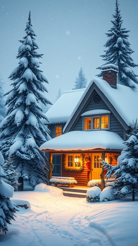 A cozy winter cottage surrounded by snow-covered trees, with warm lights glowing from the windows