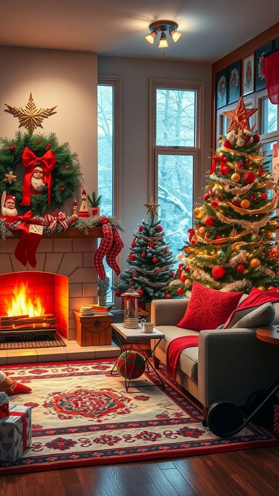 A cozy living room decorated for Christmas with a fireplace and trees.