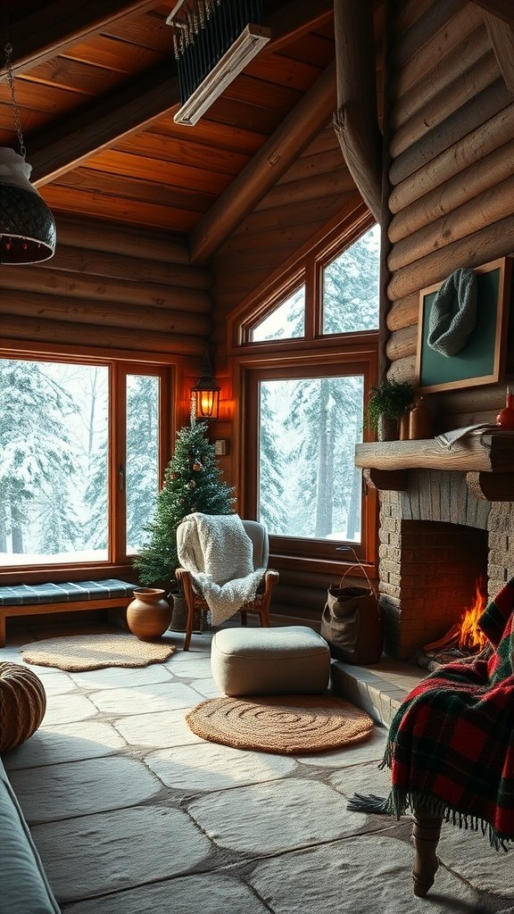 A cozy interior of a timber cabin featuring warm wooden walls, large windows with snowy views, a fireplace, and festive decor.