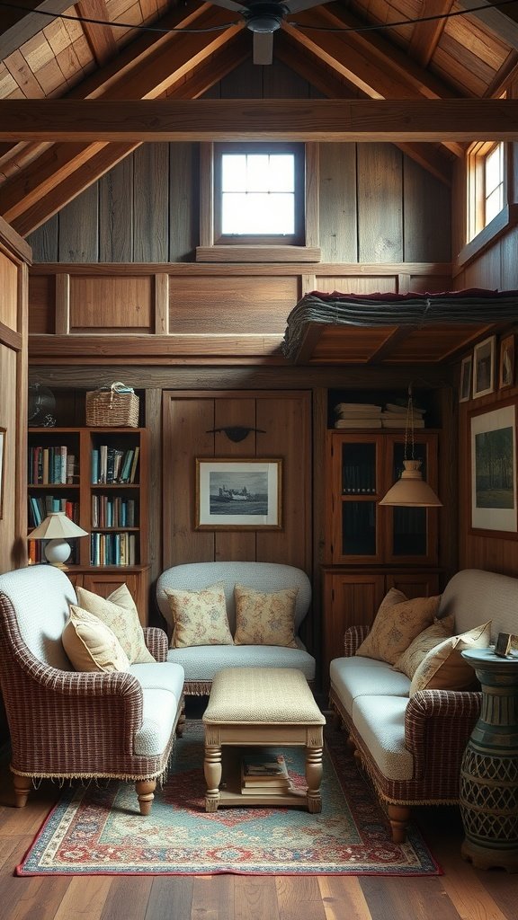 Cozy reading nook in a modern barn house with wooden walls, soft sofas, and a coffee table.
