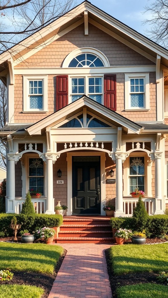 A charming Craftsman-style farmhouse with a welcoming front porch and beautifully landscaped yard.