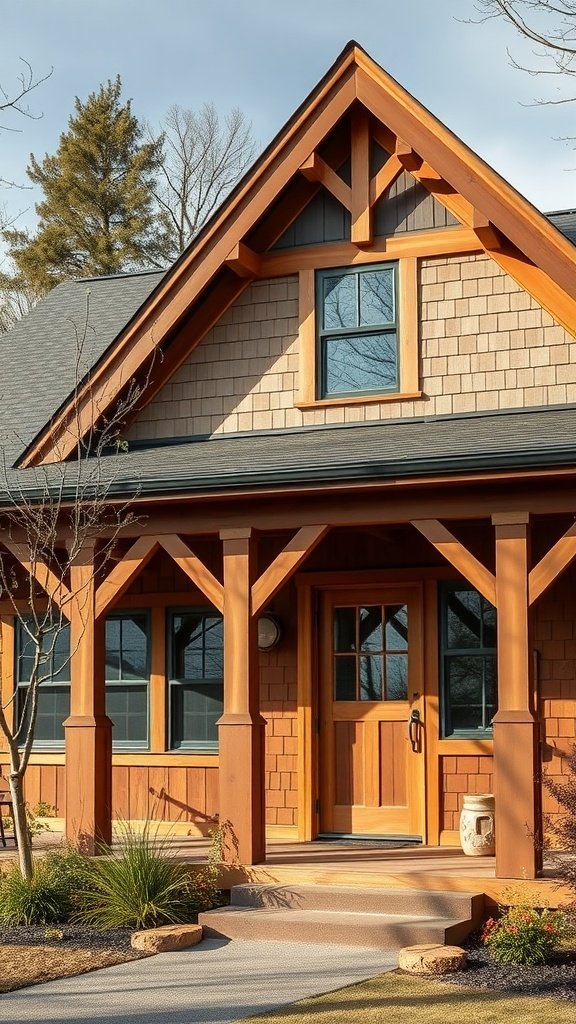 A Craftsman style cottage with wooden accents, shingled siding, and a welcoming front porch.
