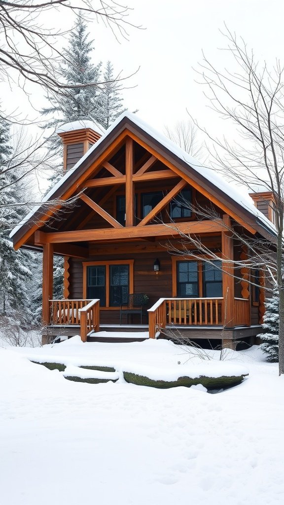 Craftsman style cabin in a snowy landscape with a warm wooden exterior and cozy porch.