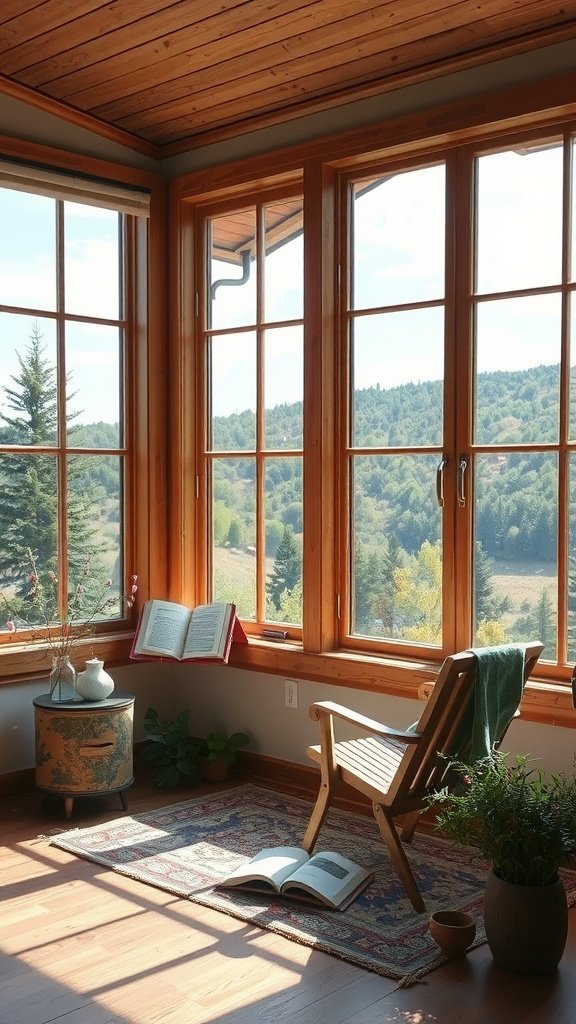 Cozy nook with large windows, a wooden chair, and books overlooking a scenic hillside.