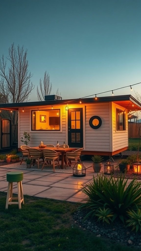 A cozy outdoor gathering area with a tiny house in the background, featuring a dining table, string lights, and lanterns.