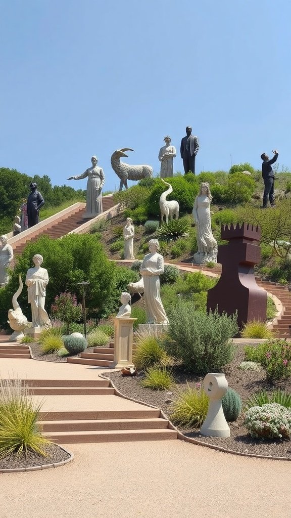 A hillside garden featuring various outdoor sculptures including human figures and animals, surrounded by lush greenery.