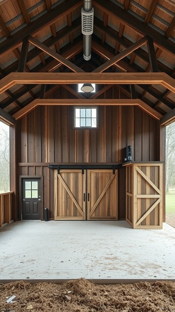 Interior view of a barn house with wooden beams and large barn doors.