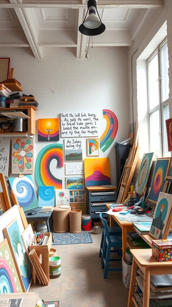 A creative art space filled with colorful paintings and an inviting atmosphere.